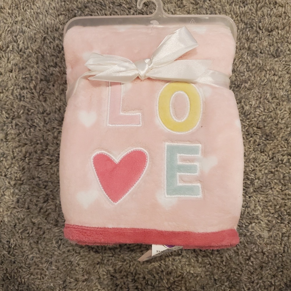 NEW Parents Choice Pink LOVE Heart Plush Baby‎ Blanket Cuddly Yellow Teal White